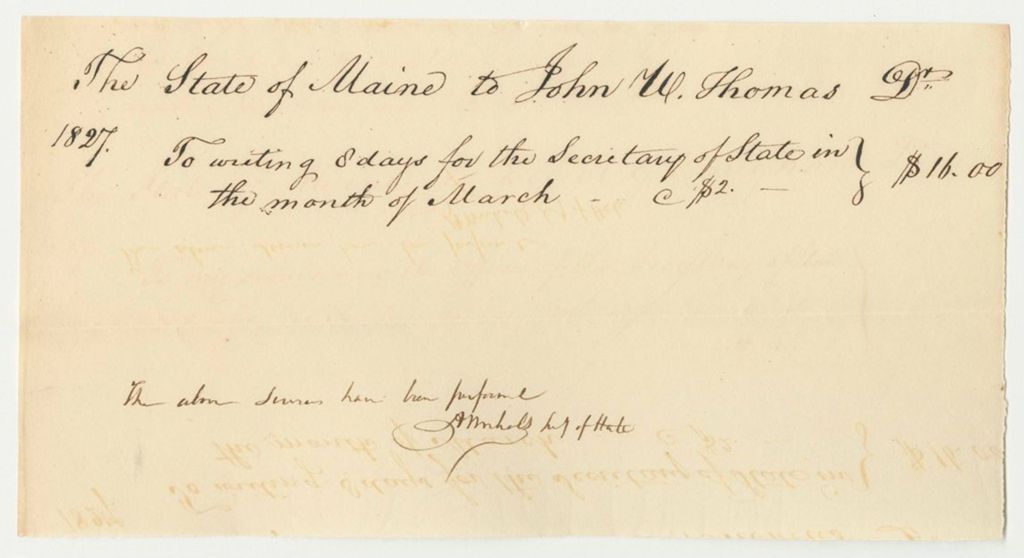 Miniature of John W. Thomas Bill for Work as Clerk for the Secretary of State