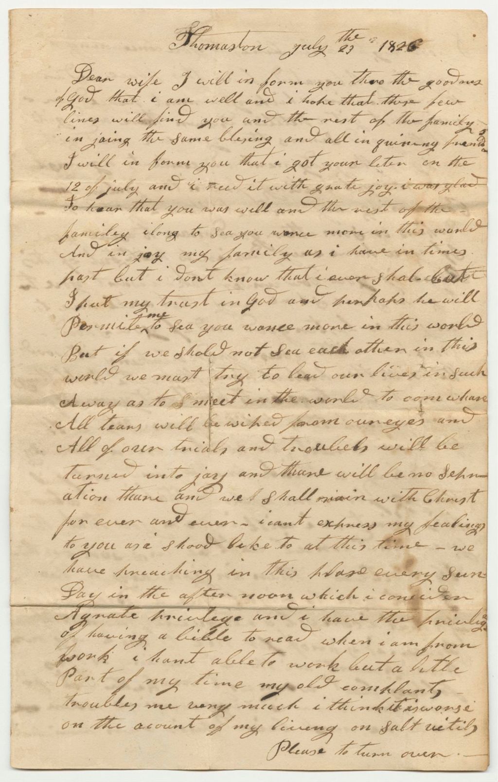 Miniature of Letter from Jacob Cobb to His Wife, Patience Cobb, Relating to His Pardon and Condition in Prison