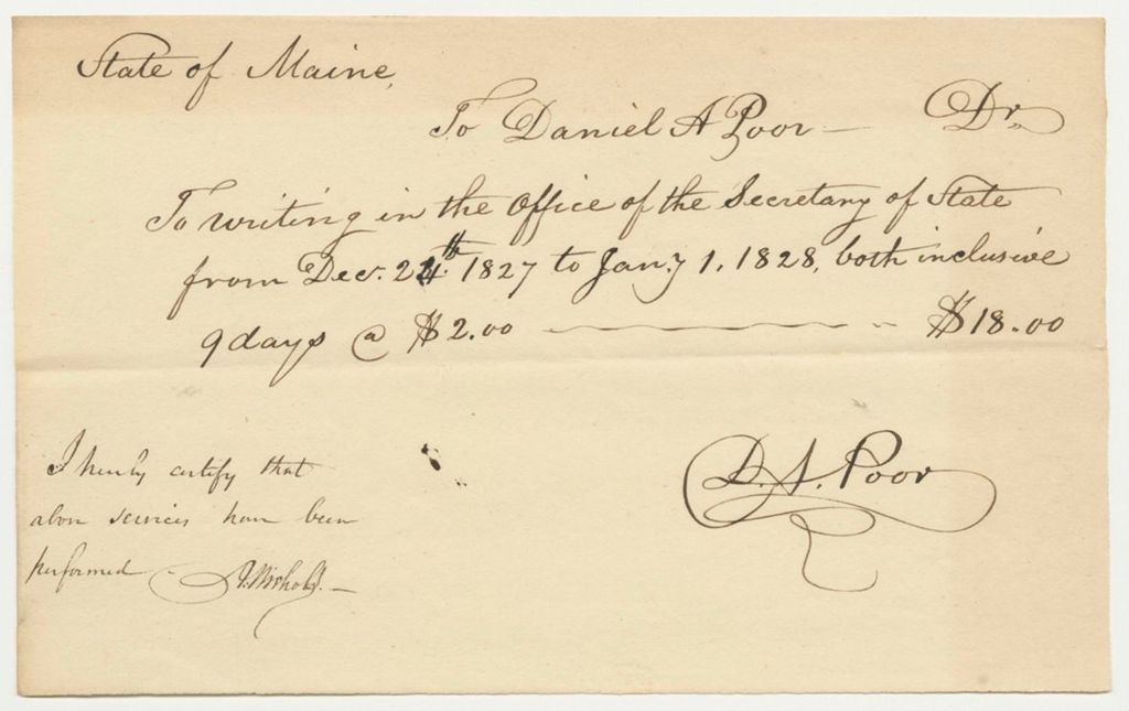 Miniature of Daniel A. Poor Bill for Work as Clerk in the Office of the Secretary of State