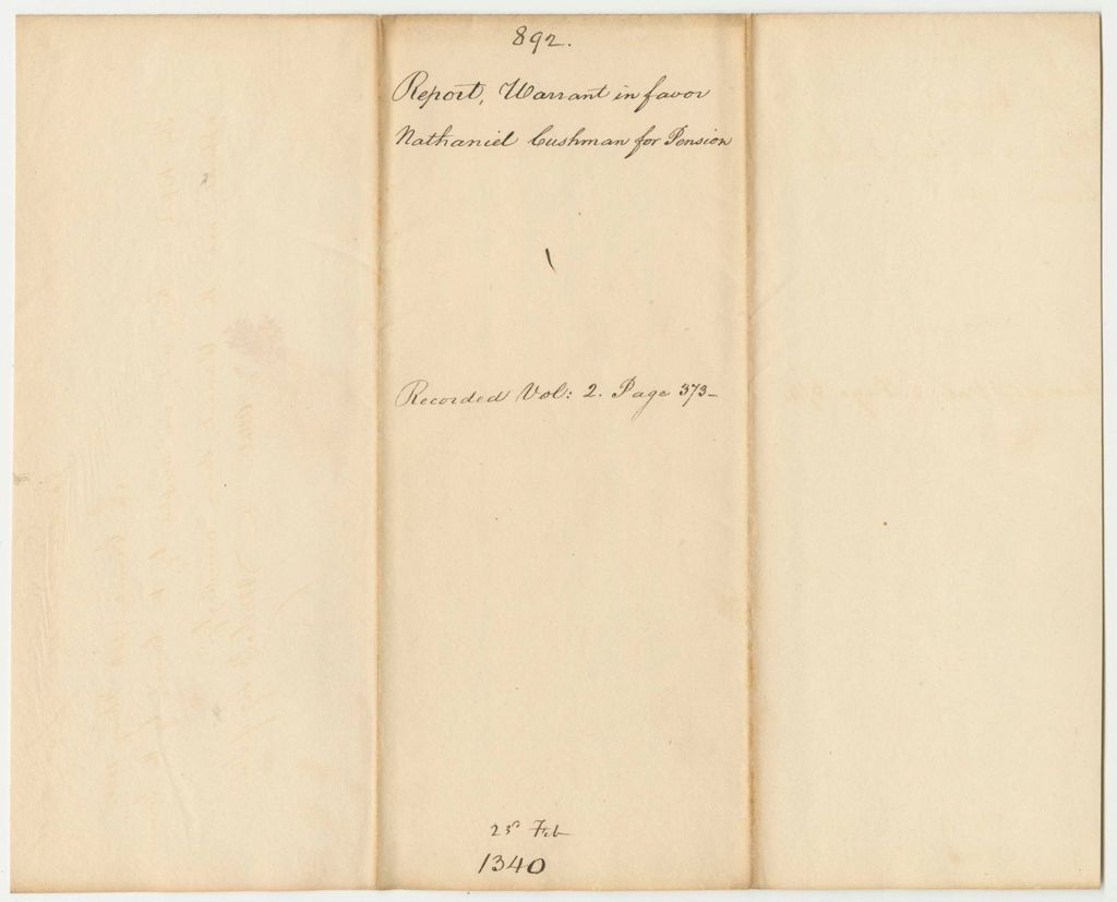 Miniature of Report 892: Report on the Warrant in Favor of Nathaniel Cushman for a Pension