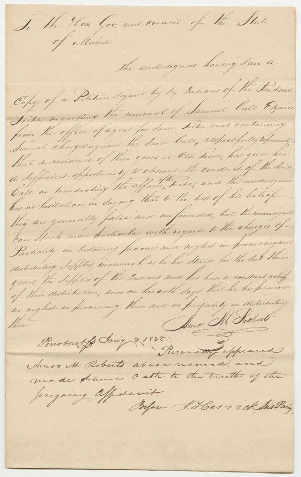 Miniature of Testimony of Amos Roberts Relating to the Conduct of Samuel Call, Esq., as Agent of the Penobscot Indians
