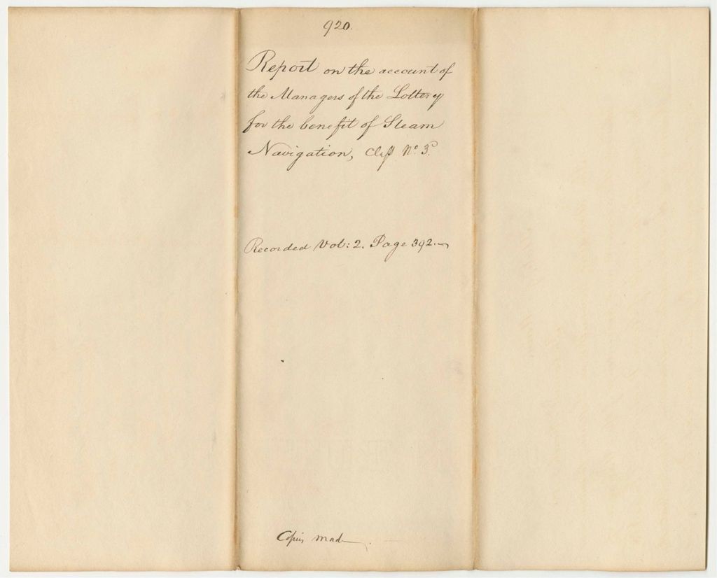 Miniature of Report 920: Report on the Account of the Managers of the Lottery for the Benefit of Steam Navigation, Class No. 3
