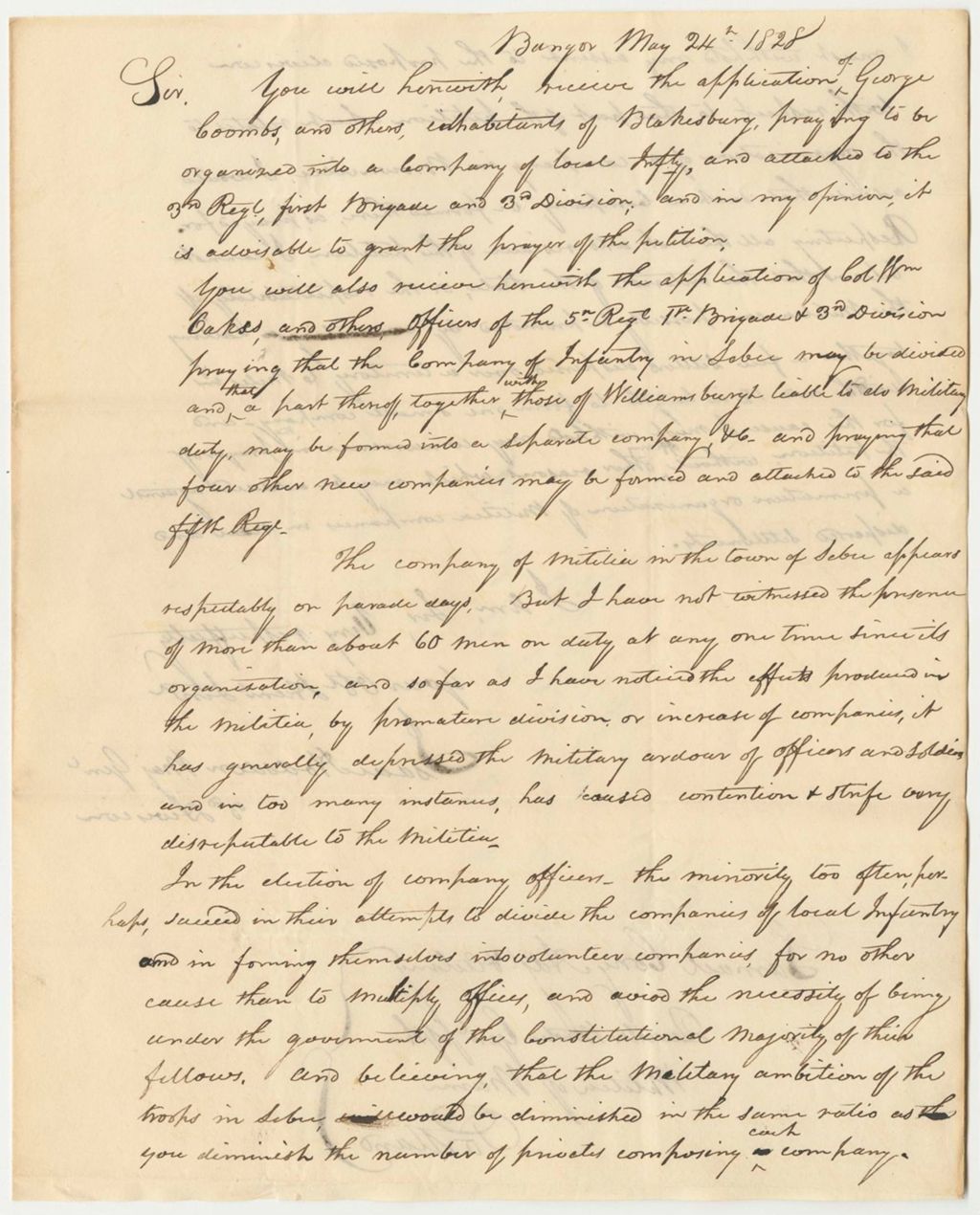 Miniature of Communication from Major General Isaac Hodsdon, Relative to the Petitions for Various Militia Companies