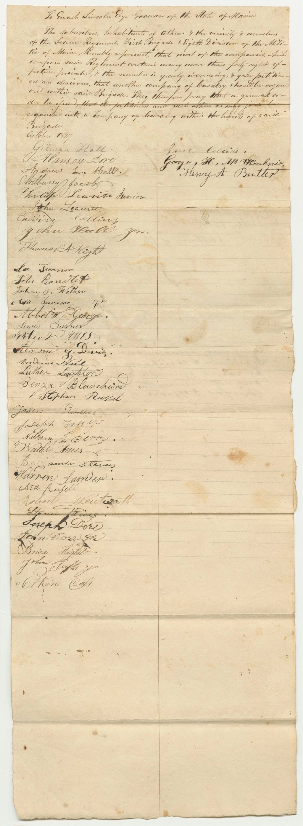 Miniature of Petition of the Inhabitants of Athens and the Vicinity, for the Formation of a New Company of Cavalry Within the Second Regiment First Brigade Eighth Division