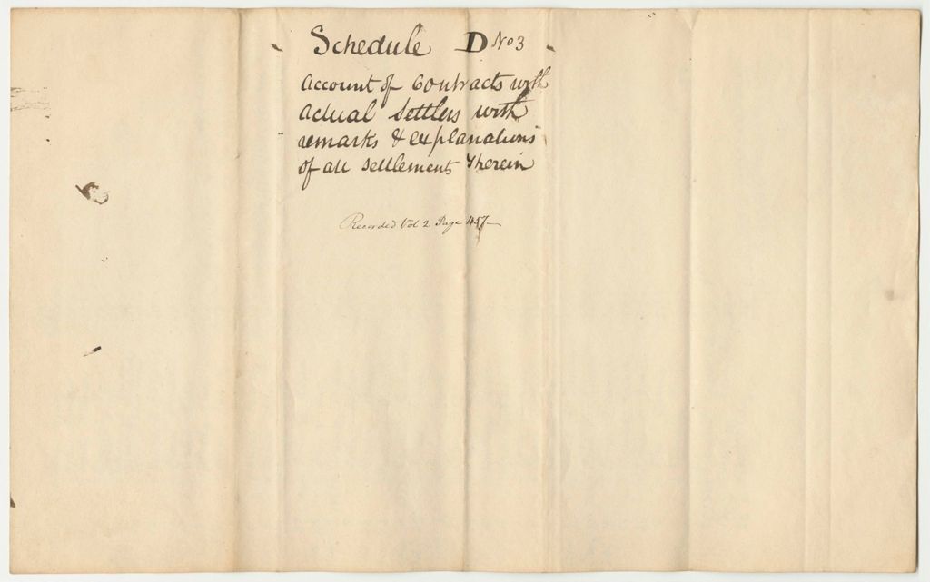 Miniature of Schedule D No. 3, Account of Contracts with Actual Settlers with Remarks and Explanations of All Settlements Therein
