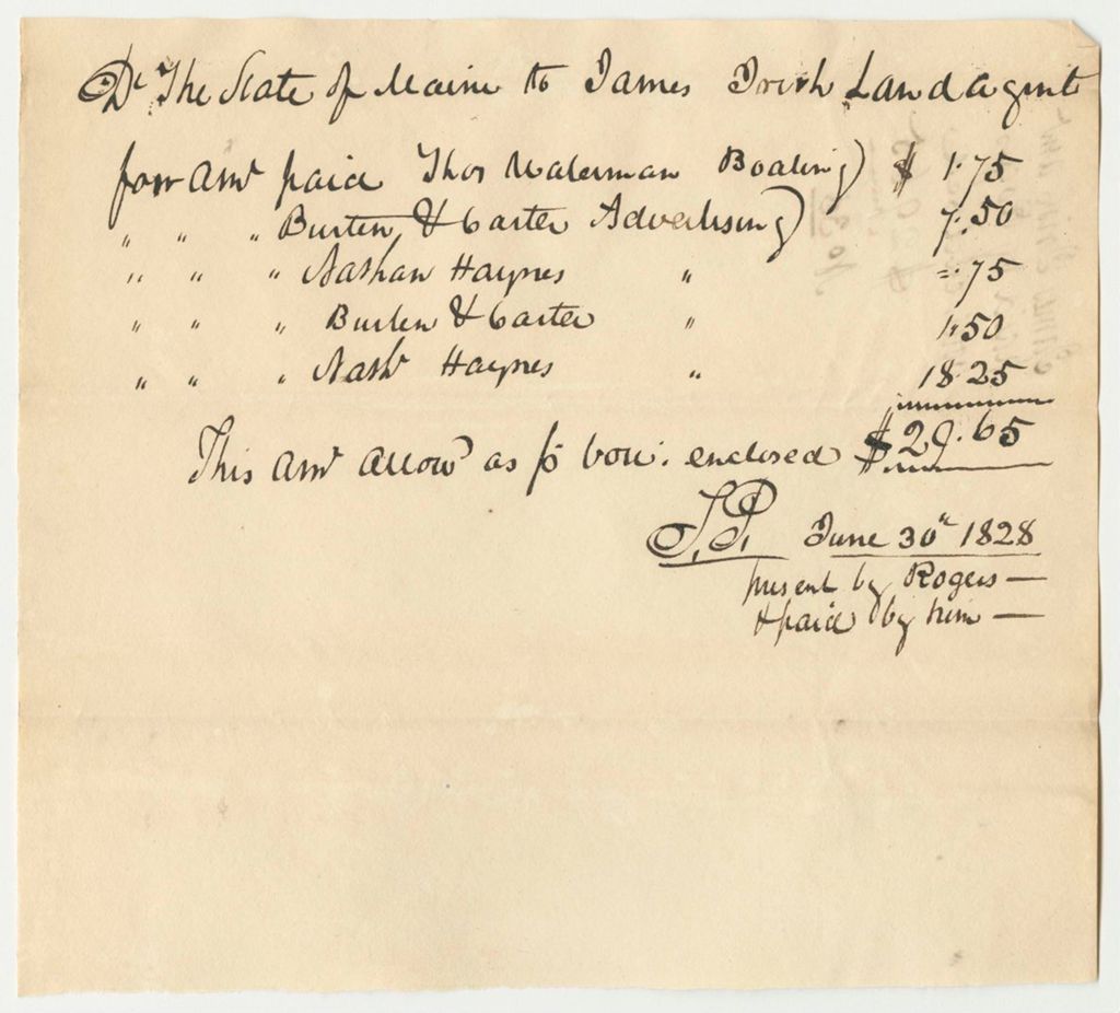 Miniature of Voucher No. 35: Receipt from James Irish for Advertising, Paid by J.P. Rogers