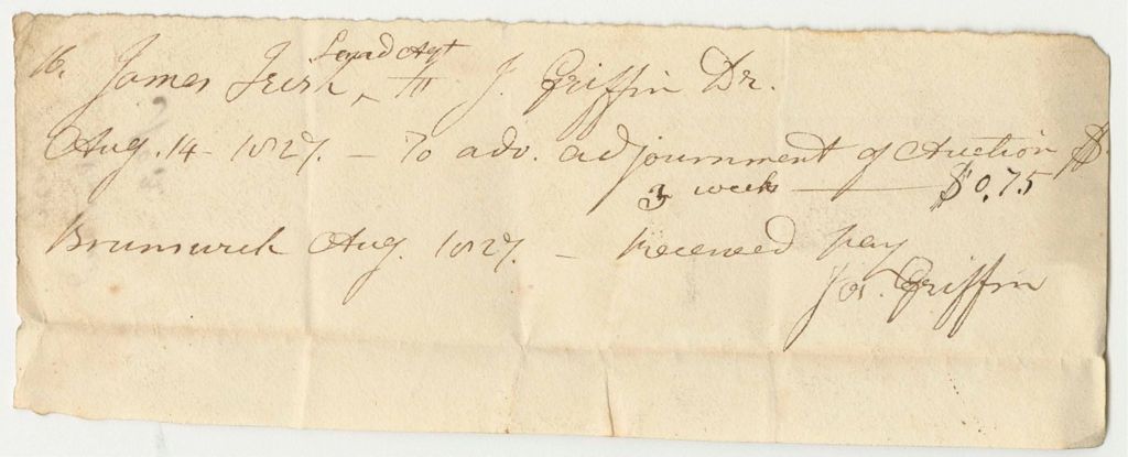 Miniature of Voucher No. 3: Receipt from James Irish to Joseph Griffin Auction Advertising