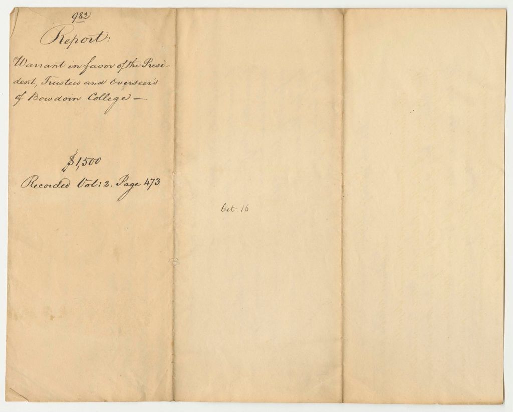 Miniature of Report 982: Report on the Warrant in Favor of the president, Trustees and Overseers of Bowdoin College