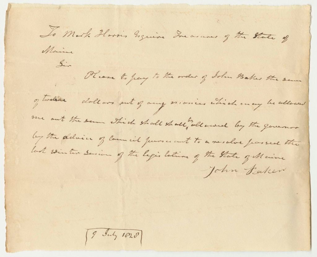 Miniature of Letter from John Baker, Requesting Funds According to the Resolve Passed in February 1828