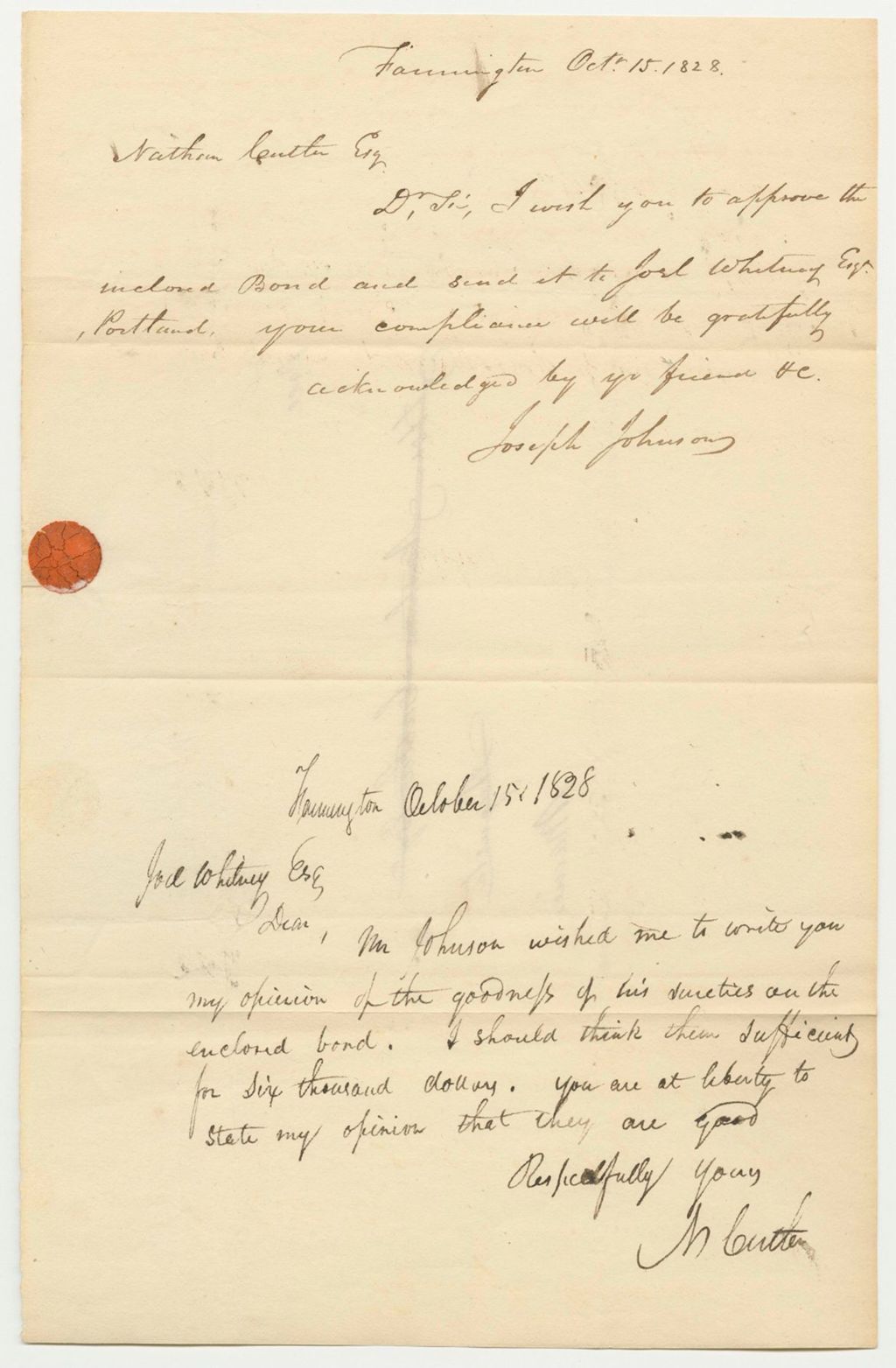 Miniature of Opinion of Nathan Cutler, Esq., on the Bond of Joseph Johnson