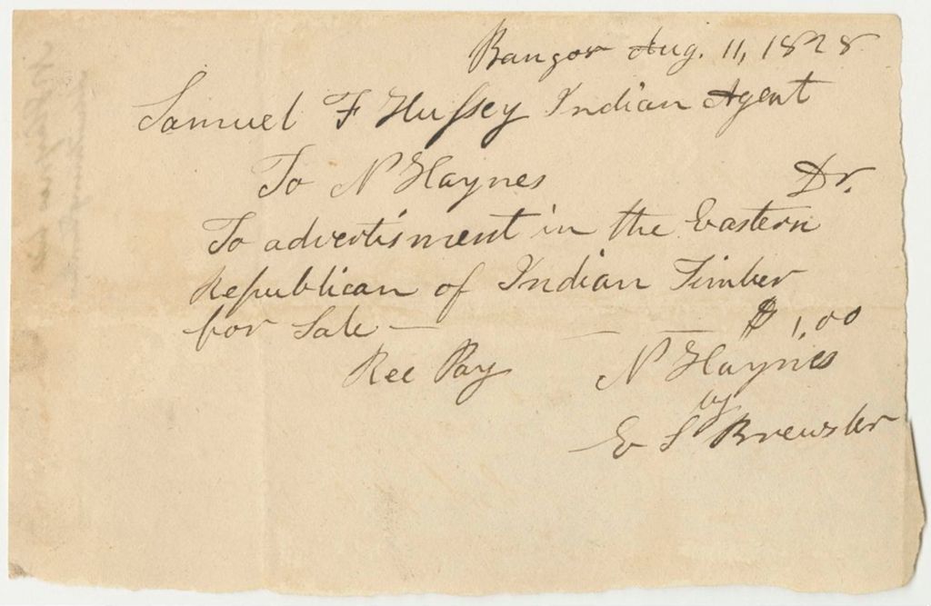 Miniature of N. Haynes's Bill for Advertisement in the Eastern Republican of Indian Timber for Sale