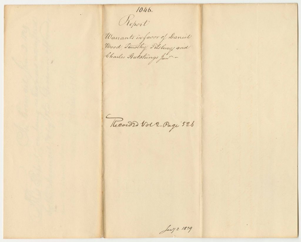Miniature of Report 1046: Report on the Warrant in Favor of Daniel Wood, Timothy Pilsbury, and Charles Hutchings Jr., Members of the Council