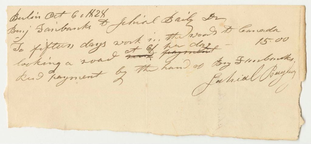 Miniature of Bill from Jahial Bayley to Benjamin Fairbanks for Work in Canada Locating a Road