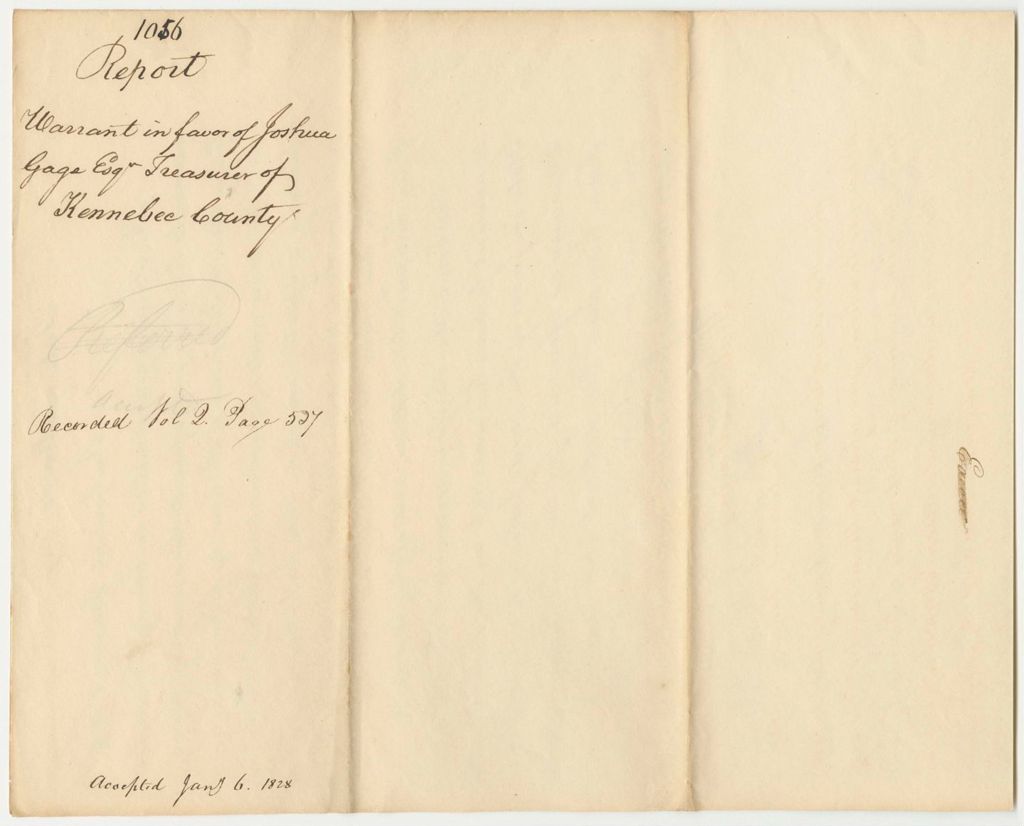 Miniature of Report 1056: Warrant in Favor of Joshua Gage, Esq., Treasurer of Kennebec County