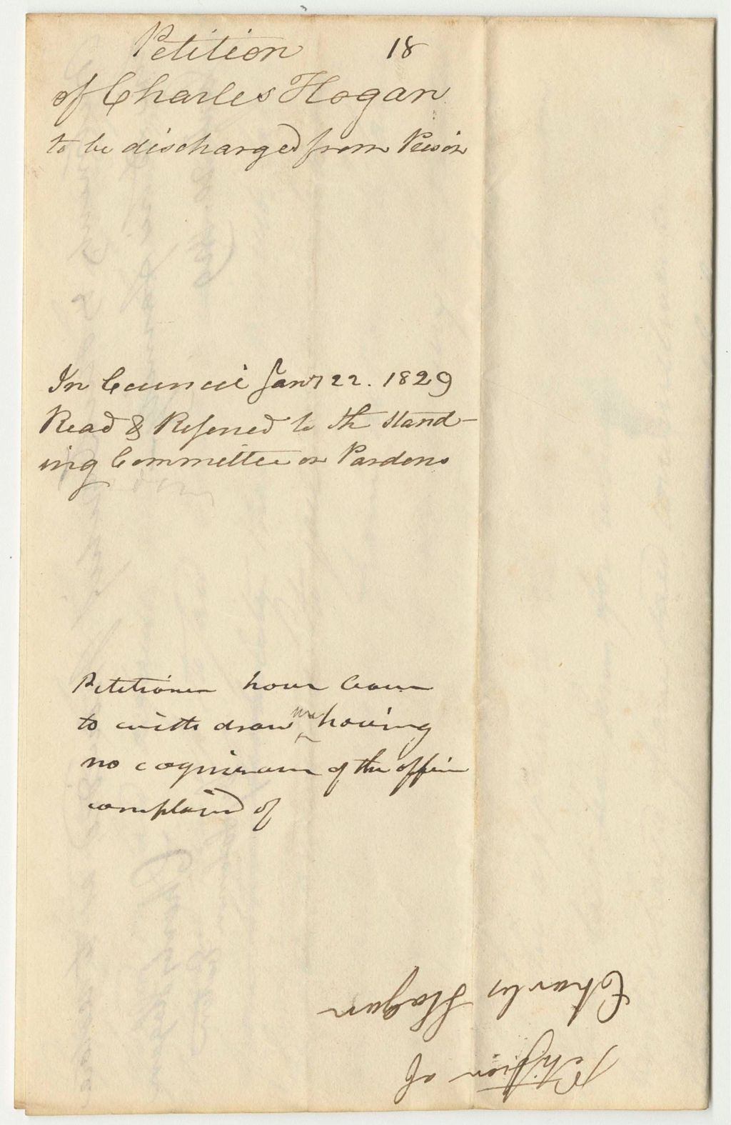 Miniature of Petition of Charles Hogan to be Discharged from Prison