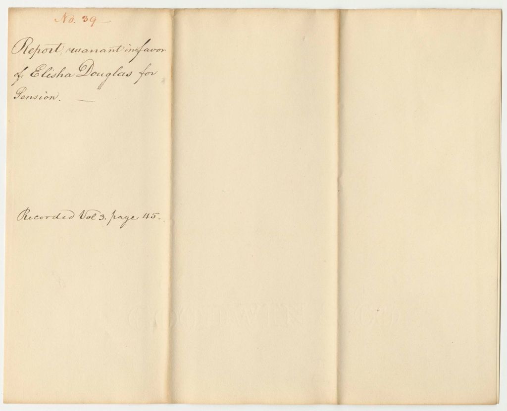 Miniature of Report 39: Report on the Warrant in Favor of Elisha Douglas for a Pension