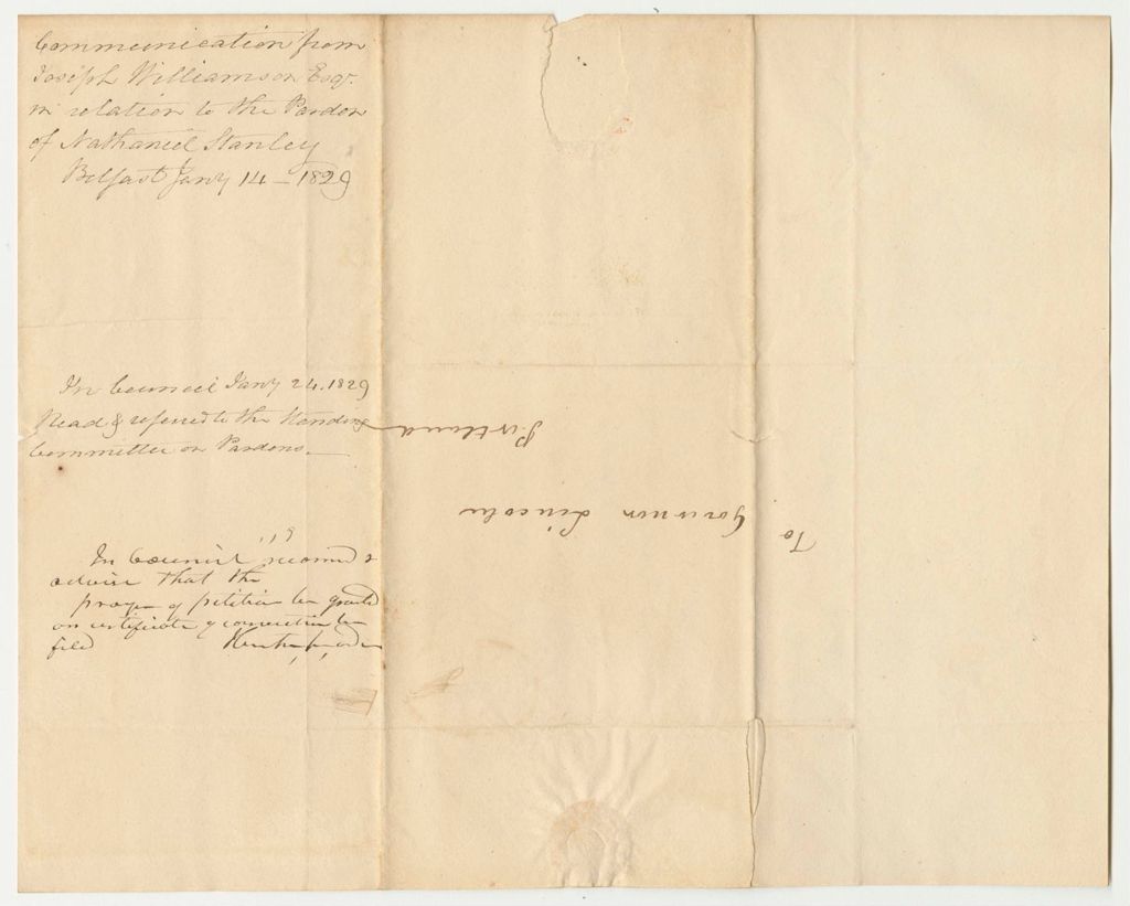 Miniature of Communication from Joseph Williamson, Esq., in Relation to the Pardon of Nathaniel Stanley