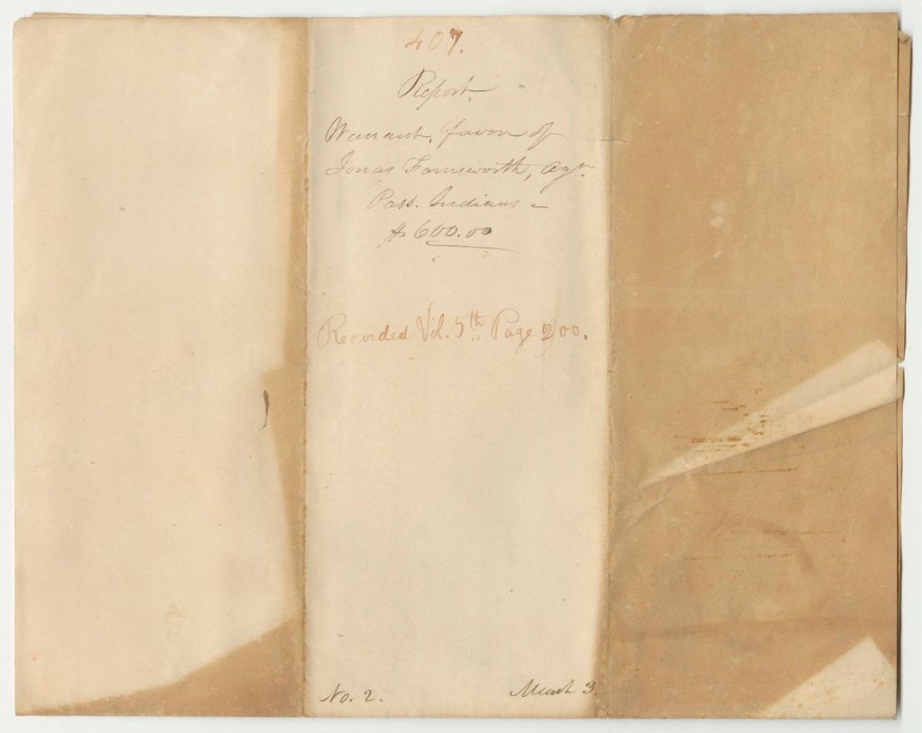 Miniature of Report 407: Warrant in Favor of Jonas Farnsworth, Passamaquoddy Indian Agent