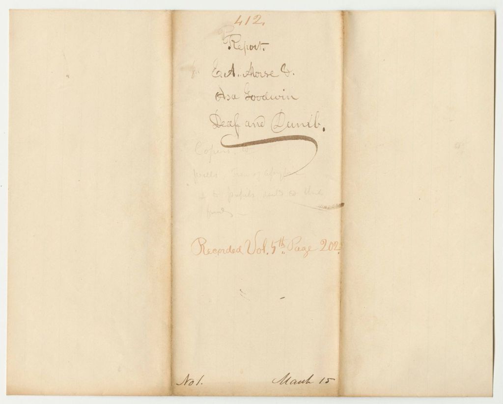 Miniature of Report 412: Report on the Petitions to Send Emmy Ann Morse and Asa Goodwin to the American Asylum