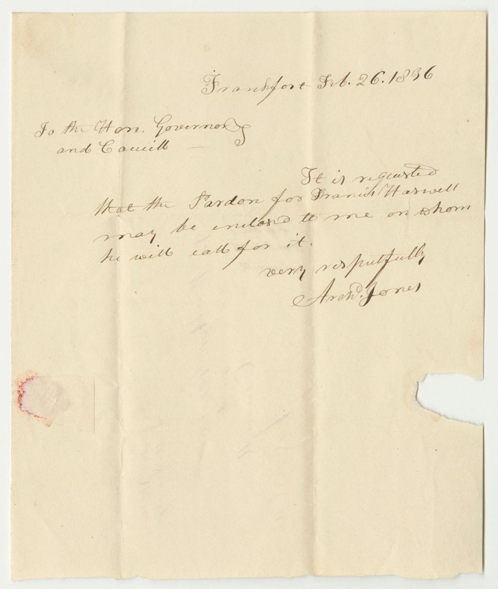 Miniature of Communication from Archibald Jones, Requesting the Pardon for Francis Haswell