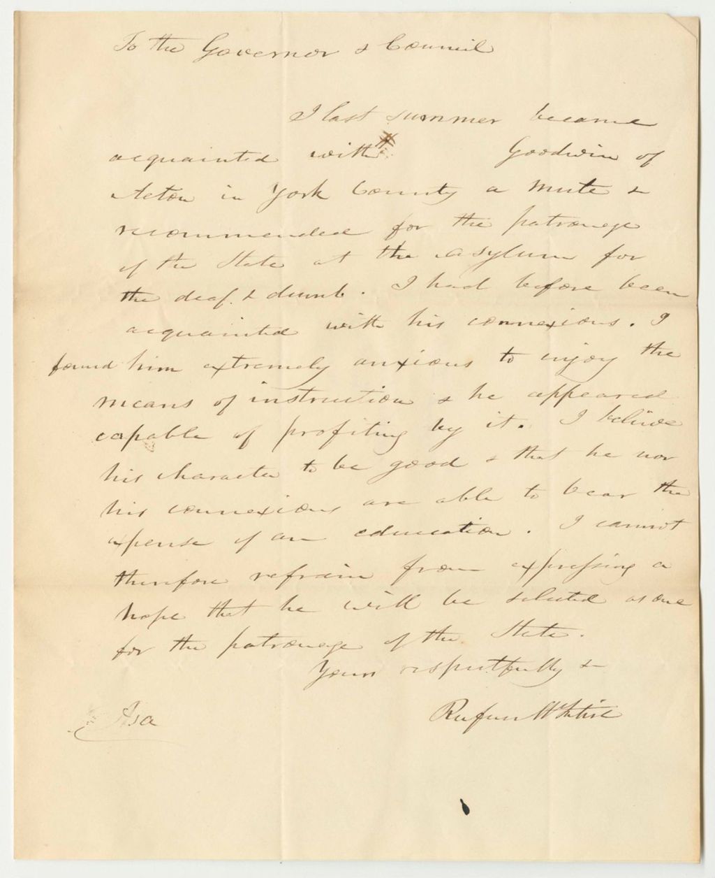 Miniature of Letter from Rufus White, in Support of the Petition to Send Asa Goodwin to the American Asylum