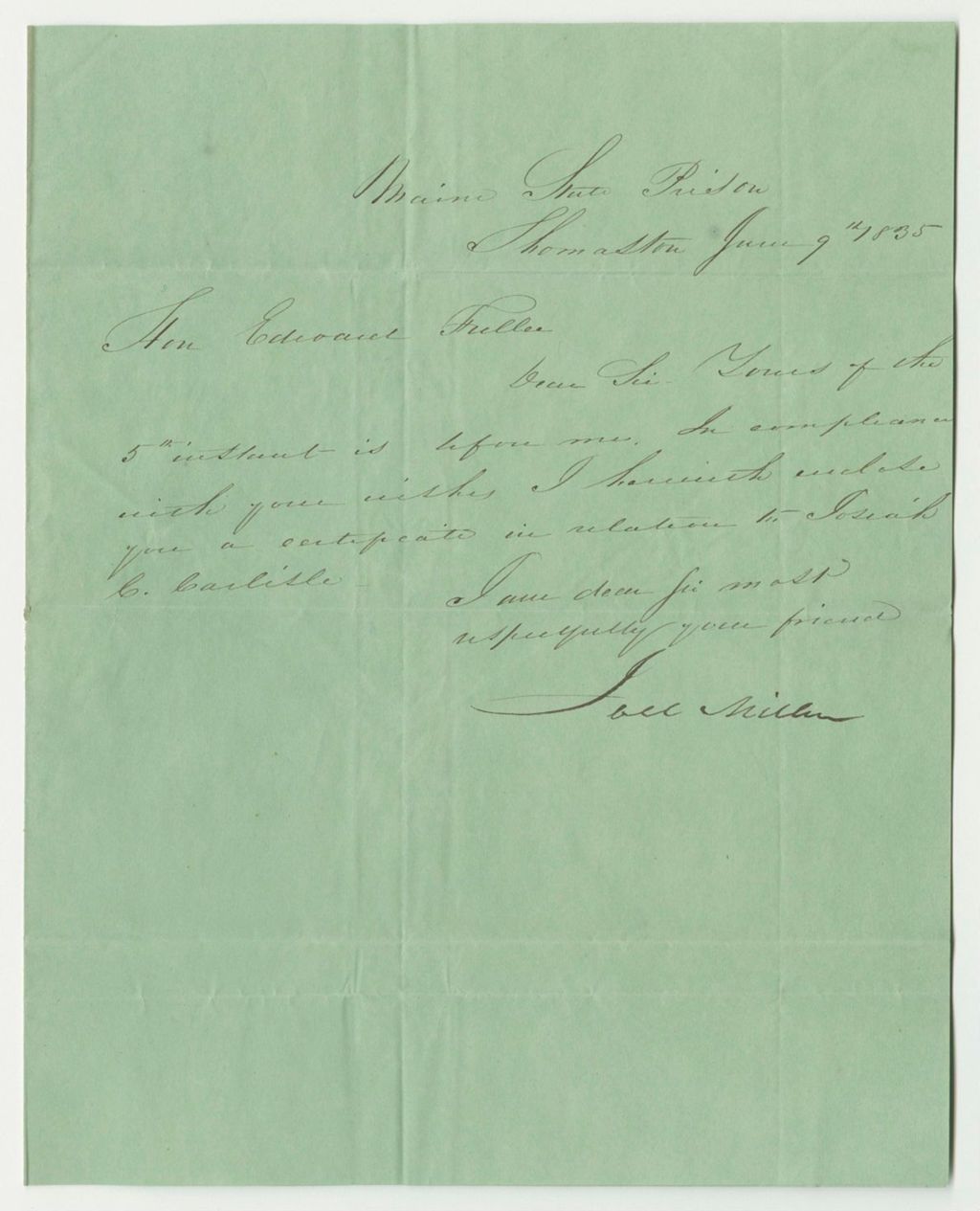 Miniature of Certificate of Joel Miller, Warden, of the Conduct of Josiah C. Carlise in Prison