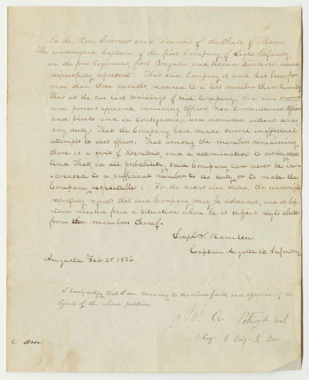 Miniature of Petition to Disband a Company of Light Infantry in Augusta