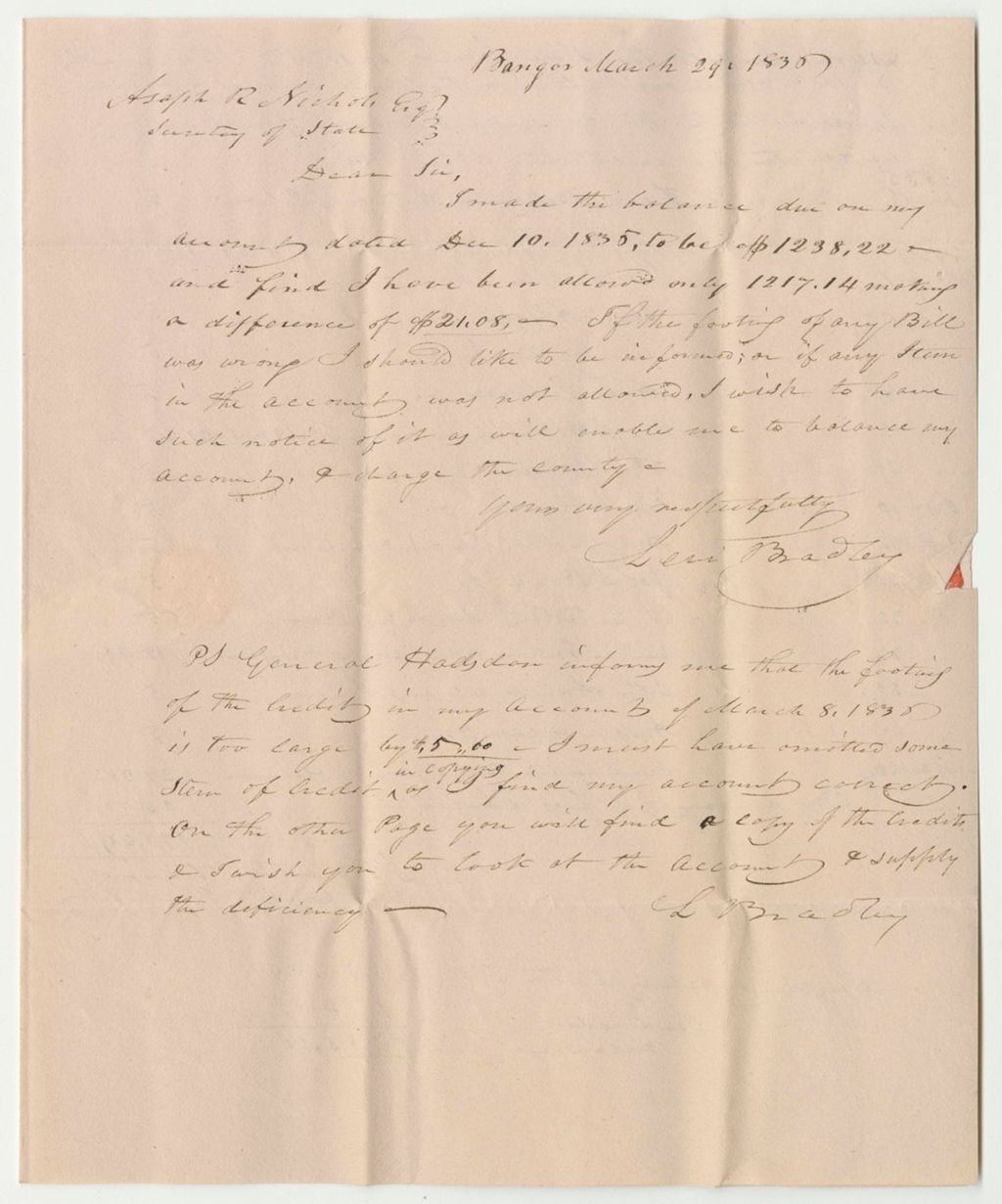 Miniature of Communication from Levi Bradley, in Relation to His Account as Penobscot County Treasurer