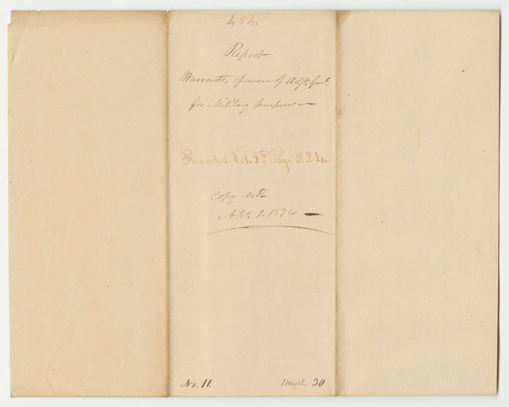Miniature of Report 454: Warrant in Favor of the Adjutant General