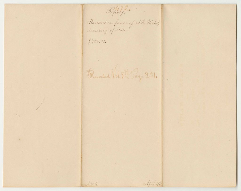Miniature of Report 472: Warrant in Favor of A. R. Nichols, Secretary of State, for Stationary