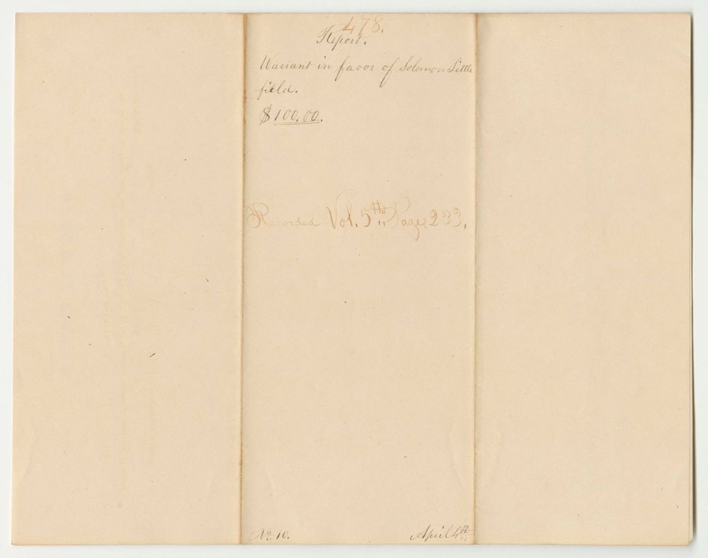 Miniature of Report 478: Warrant in Favor of Solomon Littlefield, to Reimburse Him for Money Paid for Land Sold to Another