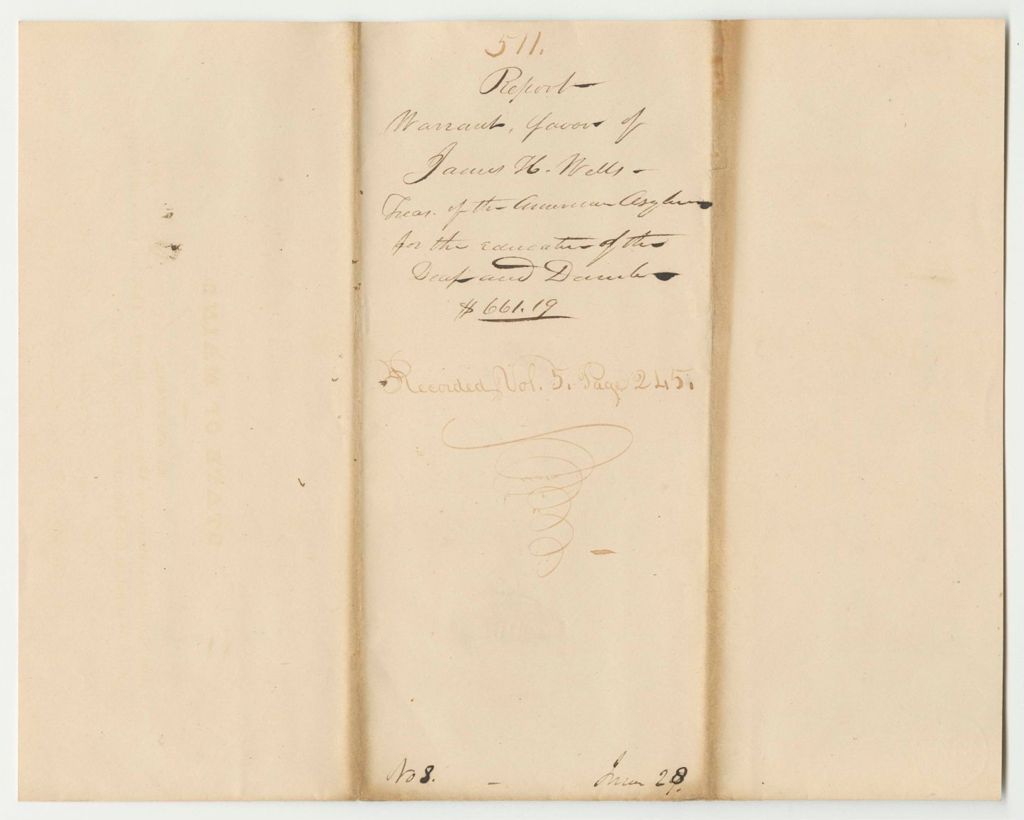Miniature of Report 511: Warrant in Favor of James H. Wells, Treasurer of the American Asylum, for the Education of the Deaf and Dumb