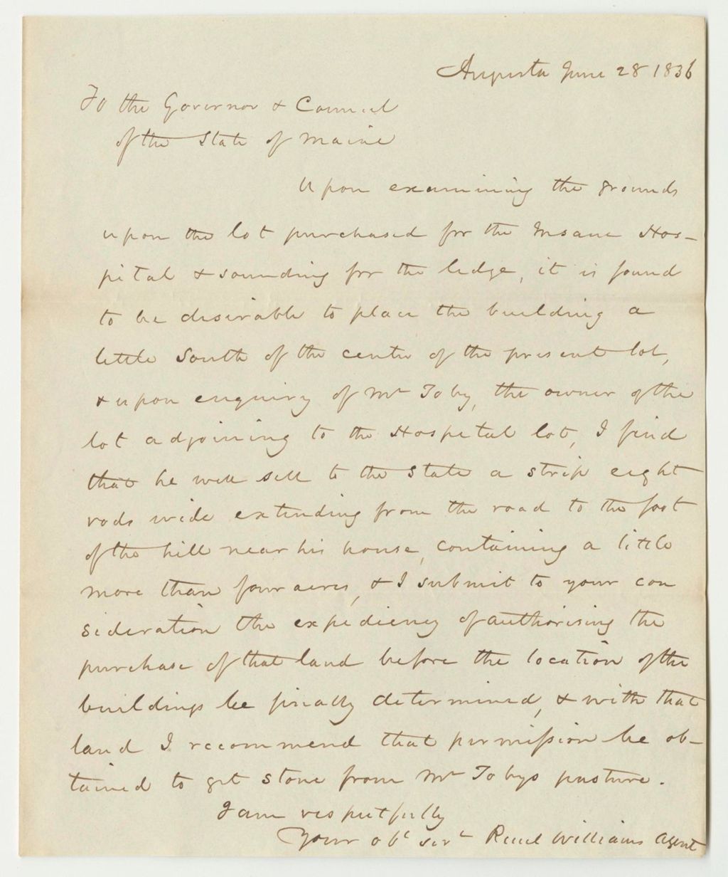Miniature of Communication from Reuel Williams, in Relation to the Lot Purchased for the Insane Hospital