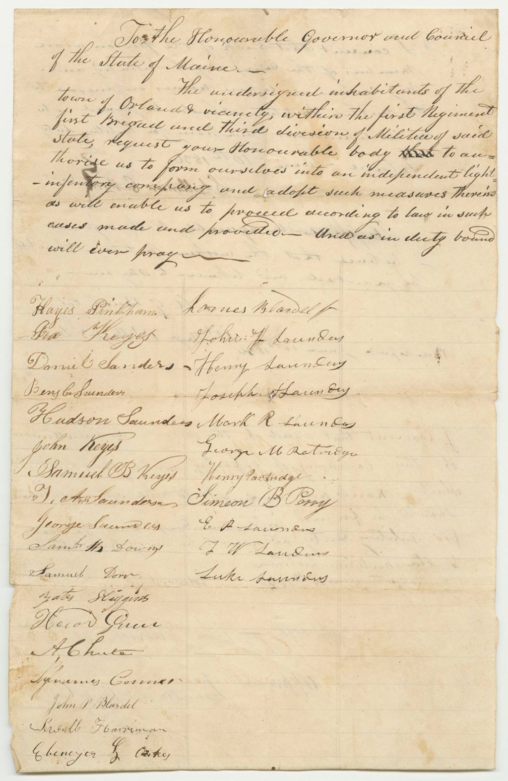 Miniature of Petition for the Organization of a Company of Light Infantry in Orland