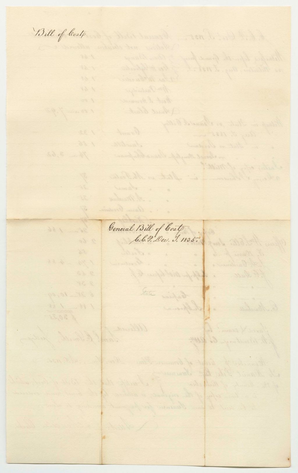 Miniature of Bills of Cost at the Court of Common Pleas in Kennebec County, December Term 1835