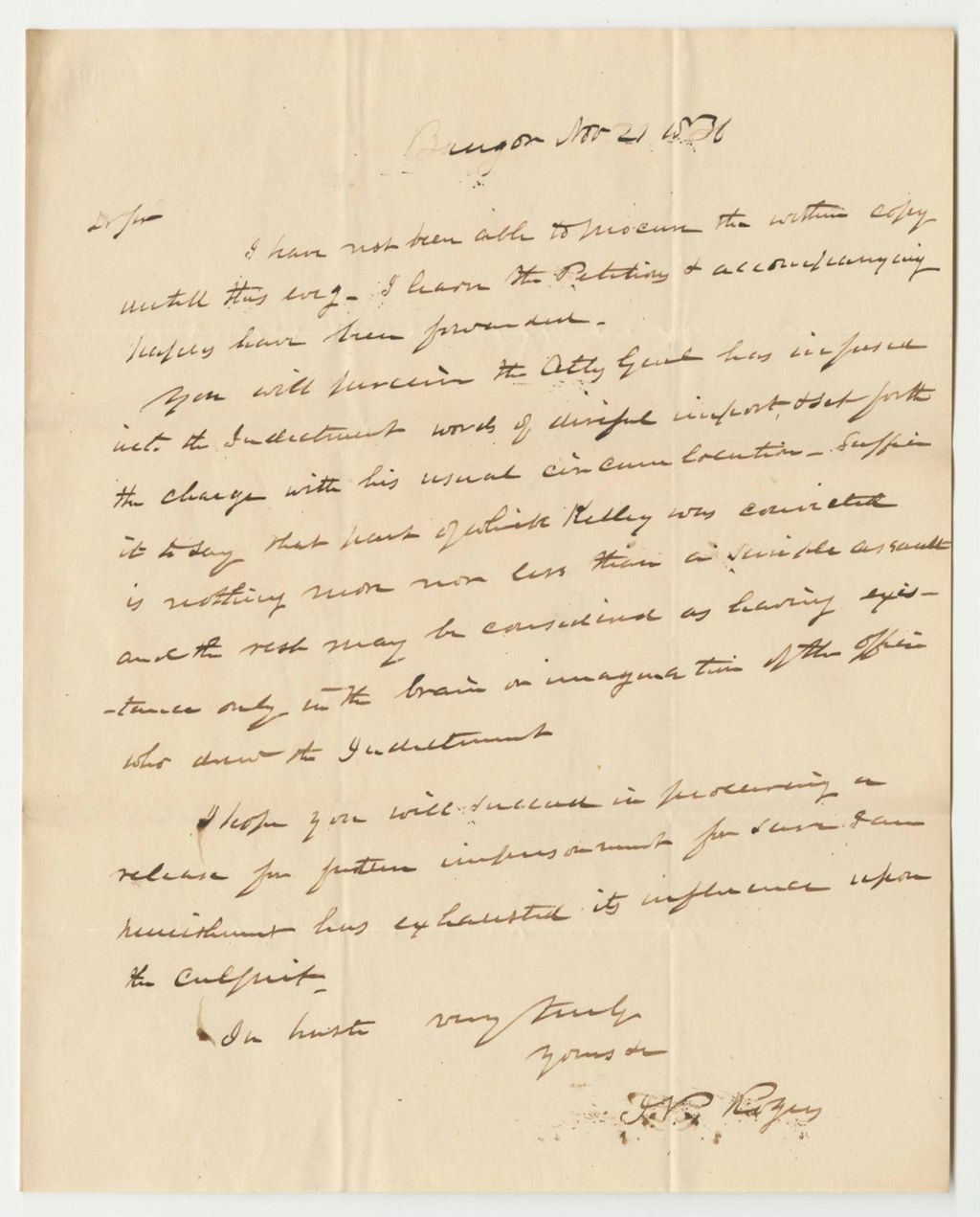 Miniature of Letter from W. Rogers, in Relation to the Petition for the Pardon of John Kelley