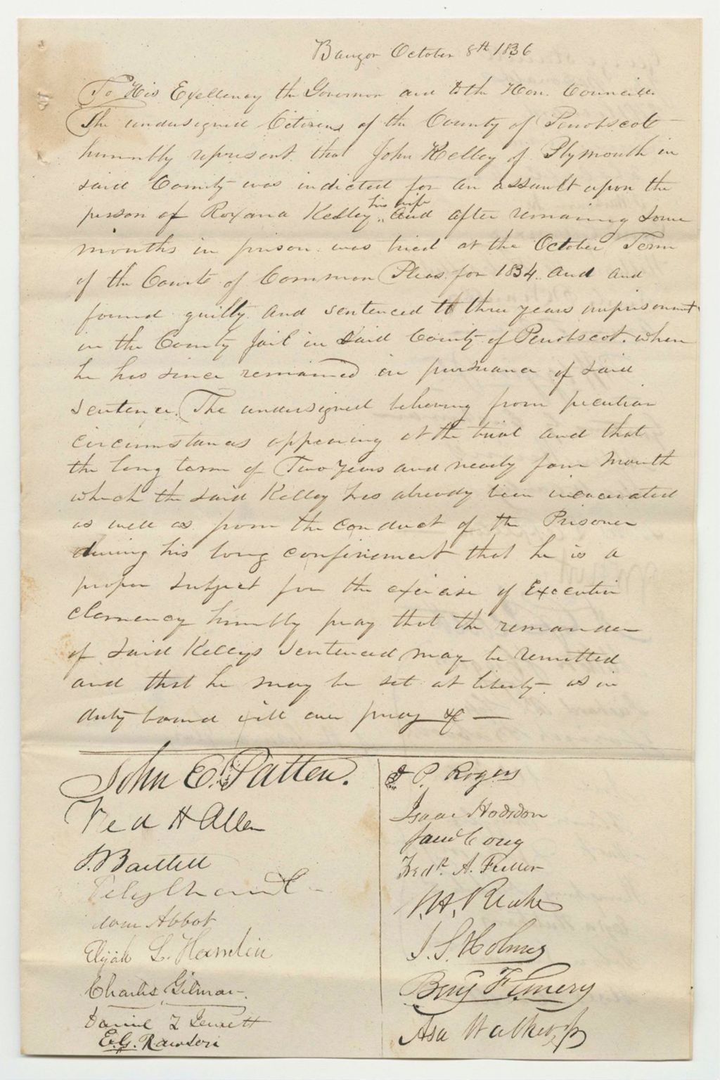 Miniature of Petition for the Pardon of John Kelley of Plymouth