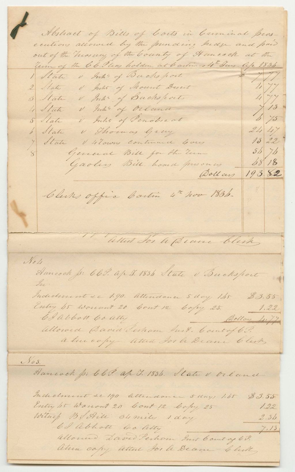 Miniature of Bills of Cost at the Court of Common Pleas in Hancock County, April Term 1836