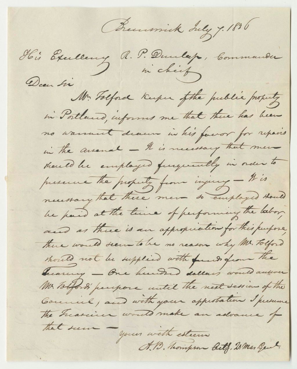 Miniature of Communications Between R.P. Dunlap and A.B. Thomspon, Relating to a Warrant for Repairs at the State Arsenal