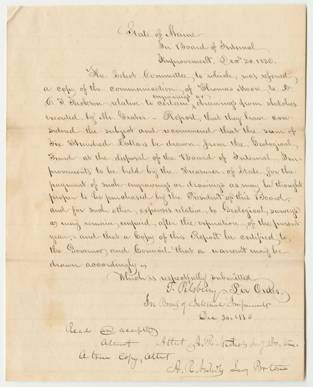 Miniature of Report from the Select Committee, Recommending a Warrant Be Drawn in Favor of the Board of Internal Improvements