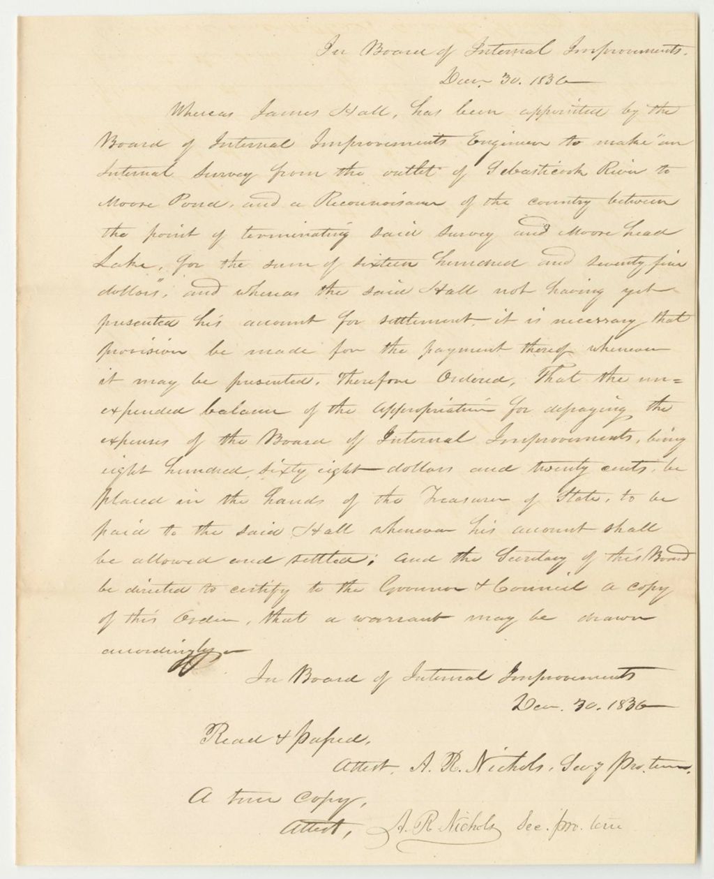 Miniature of Order in Favor of State Treasurer for the Board of Internal Improvements