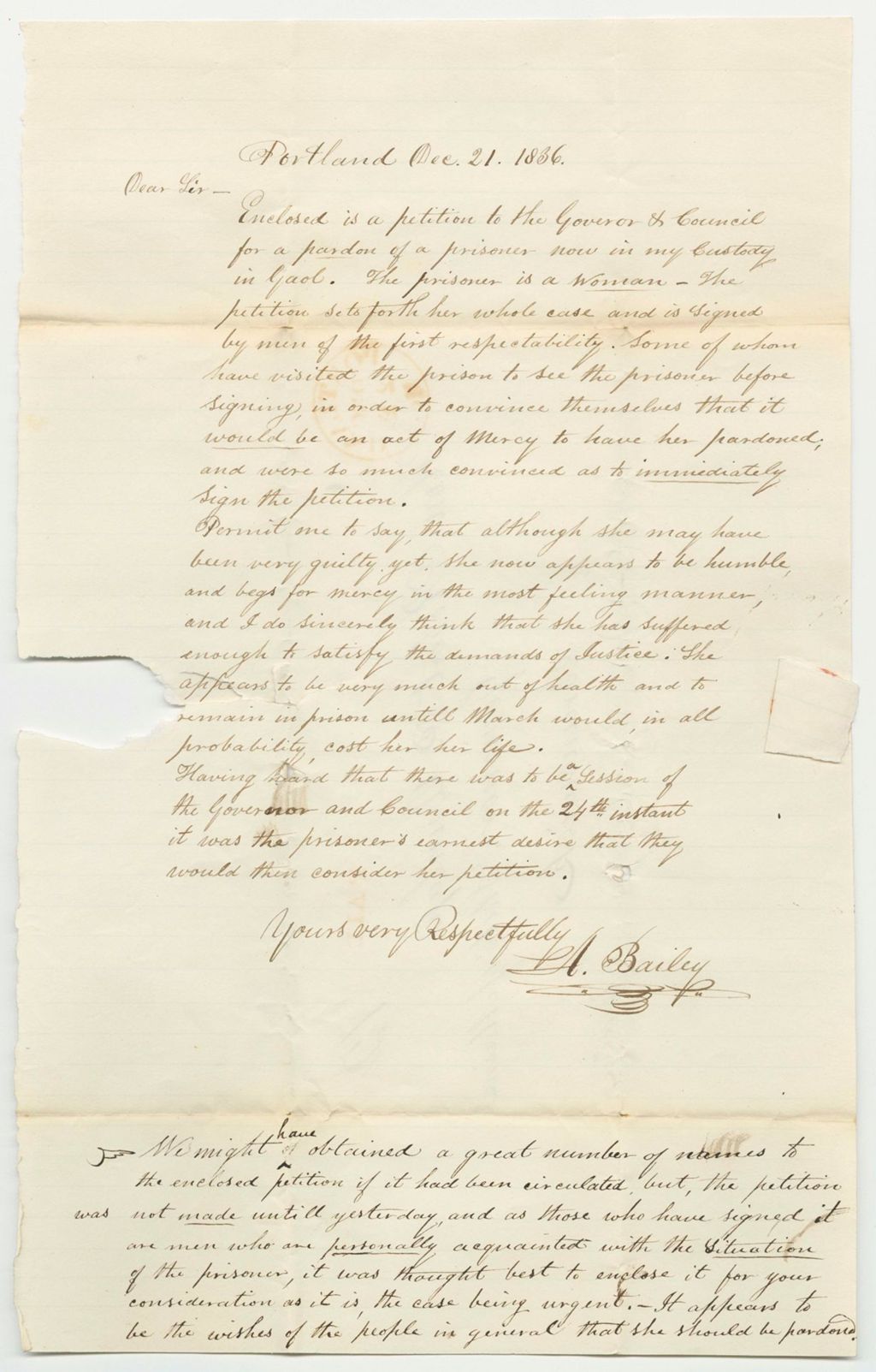 Miniature of Communication from A. Bailey, Enclosing a Petition for the Pardon of Nancy Masena