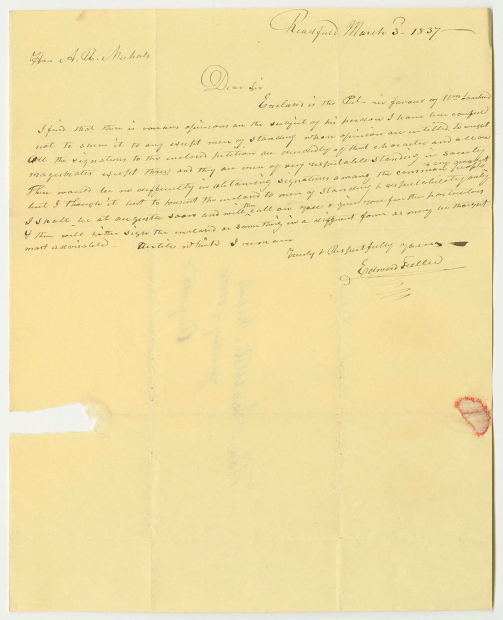Miniature of Letter from Edward Fellow, Relating to a Petition for the Pardon of William Lambard
