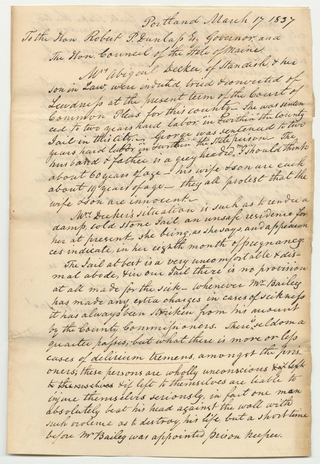 Miniature of Communication from Dr. John Merrill, Physician to the State Jail, Recommending the Pardon of Abigail Decker