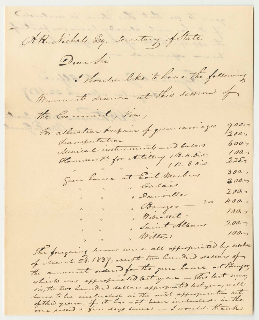 Miniature of Request for Warrants in Favor of Abner B. Thompson, Adjutant General