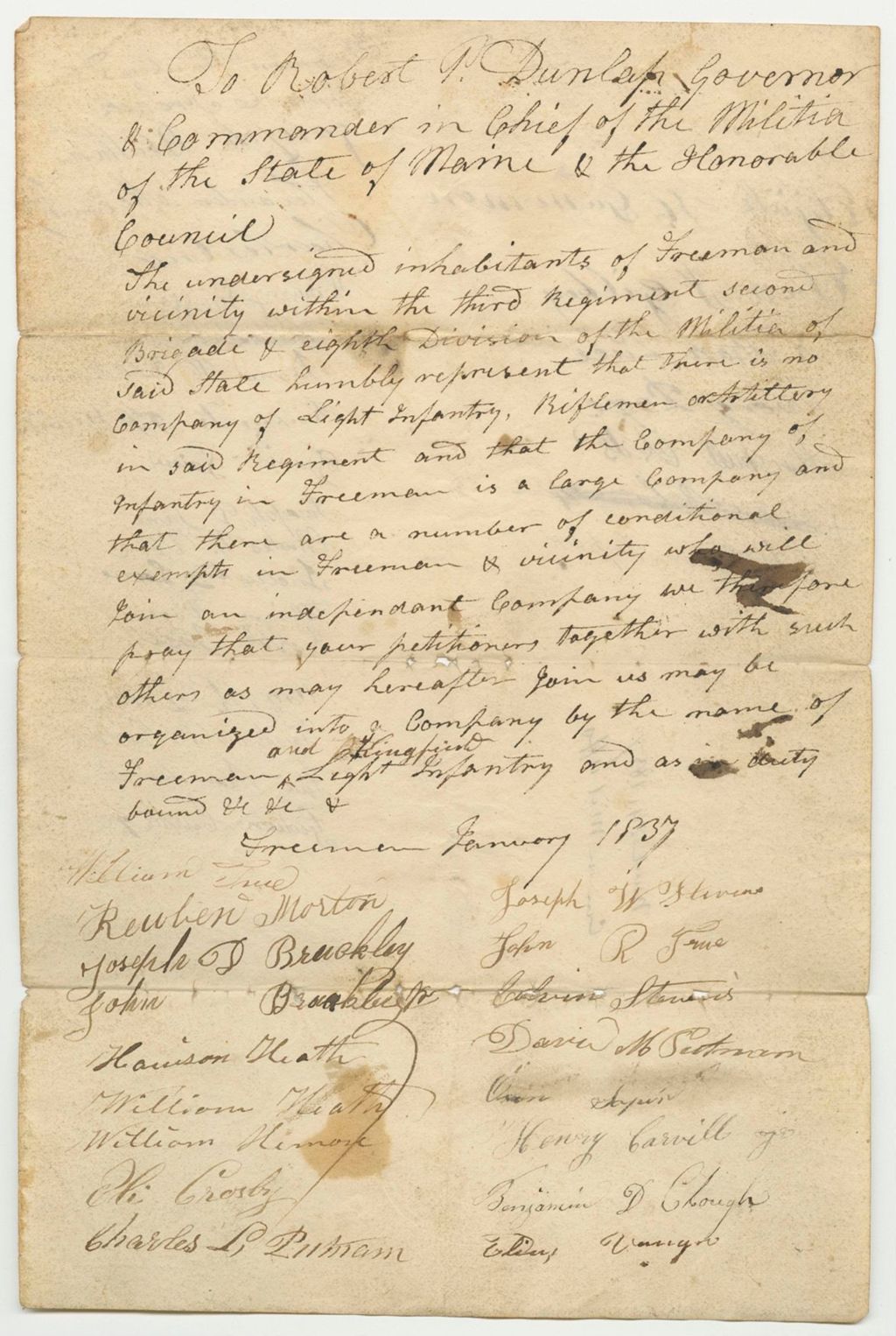 Miniature of Petition of William True and Others for a Light Infantry Company in Freeman