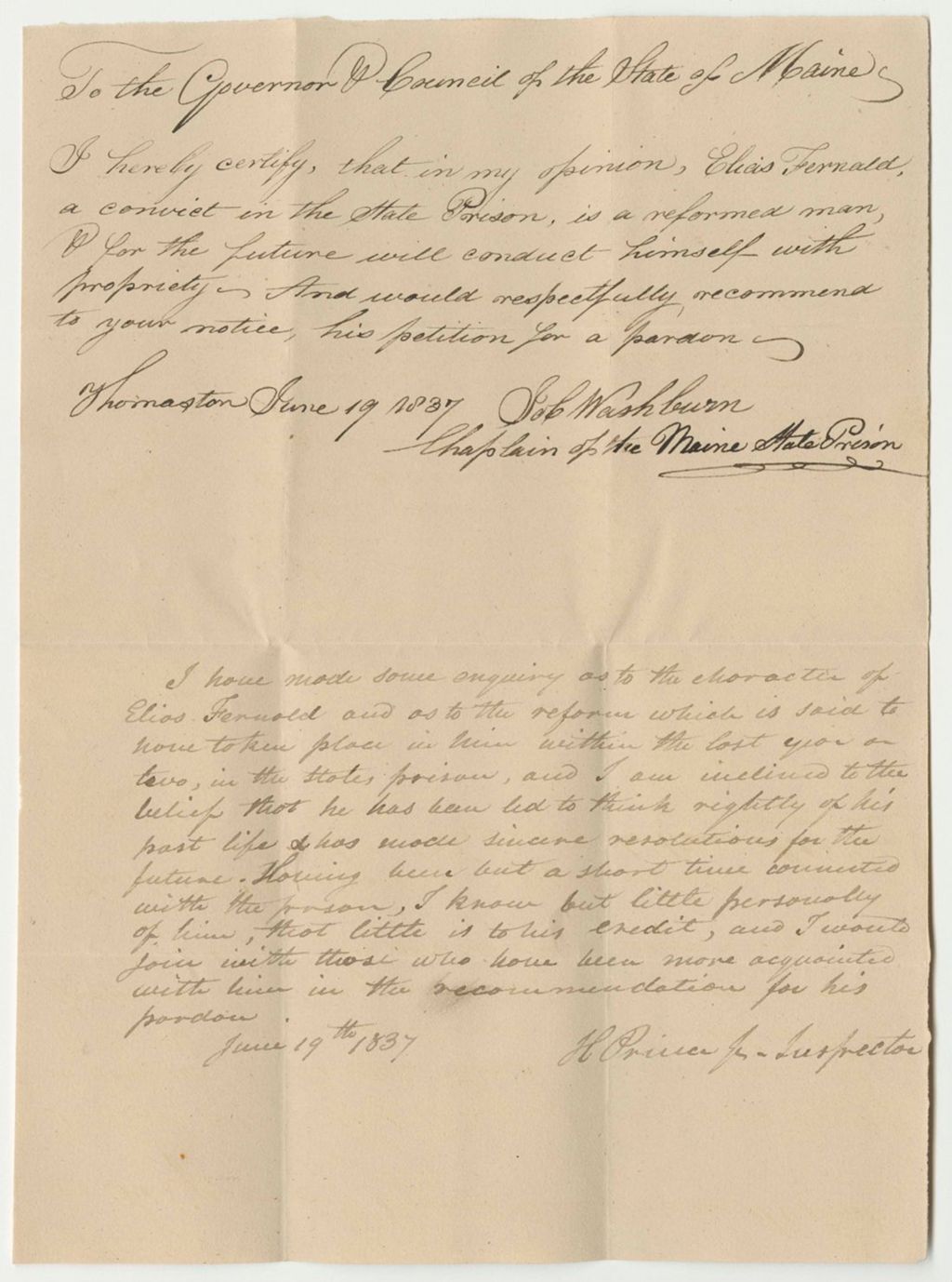 Miniature of Certificates of Job Washburn, Chaplain of the Maine State Prison, and H. Prince, Inspector, for the Petition for the Pardon of Elias Fernald