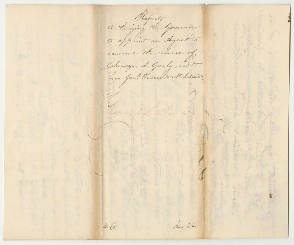 Miniature of Report 844: Report Authorizing the Governor to Appoint an Agent to Demand the Release of Ebenezer S. Greely and to Issue General Orders to the Militia