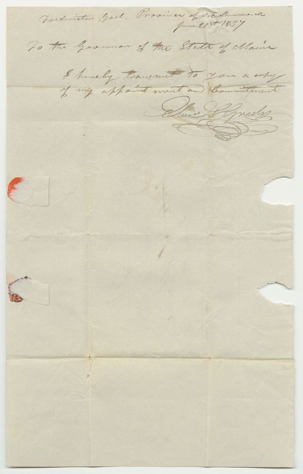 Miniature of Communication from Ebenezer S. Greely, Transmiting His Appointment and Commitment