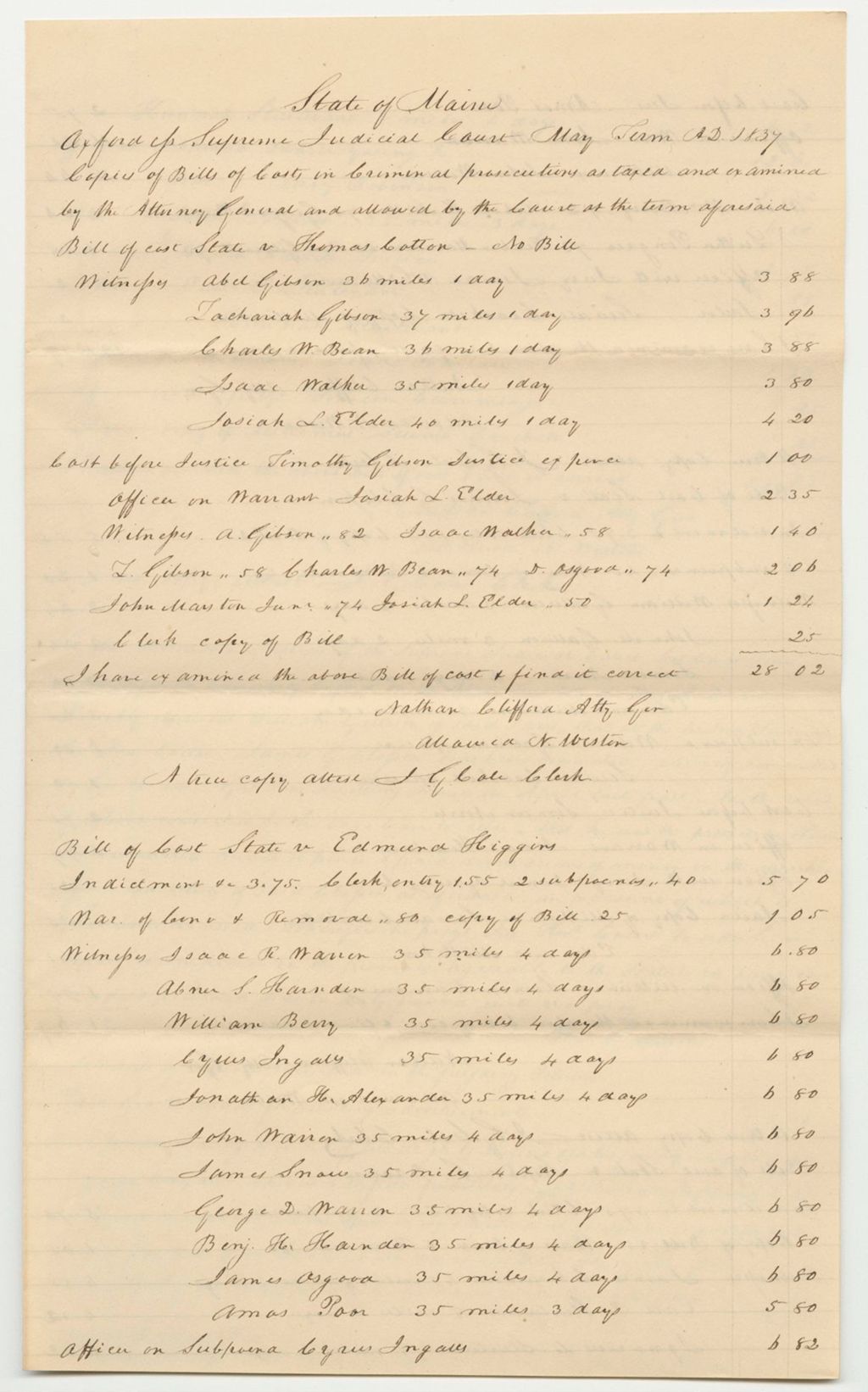 Miniature of Bills of Costs at the Supreme Judicial Court in Oxford County, May Term 1837